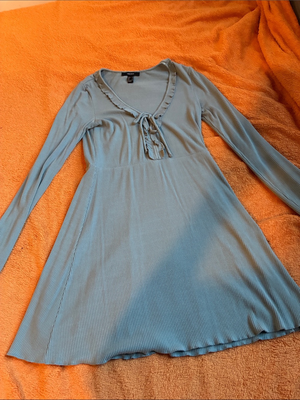 Forever 21 Dusty Blue Ribbed Long-Sleeve Tie-Front Dress